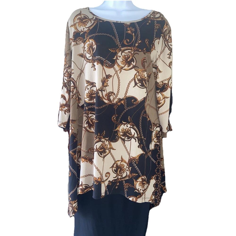Lbisse Womens Plus 1XL Brown Floral Boho Tunic Long Sleeve Light Stretchy Blouse